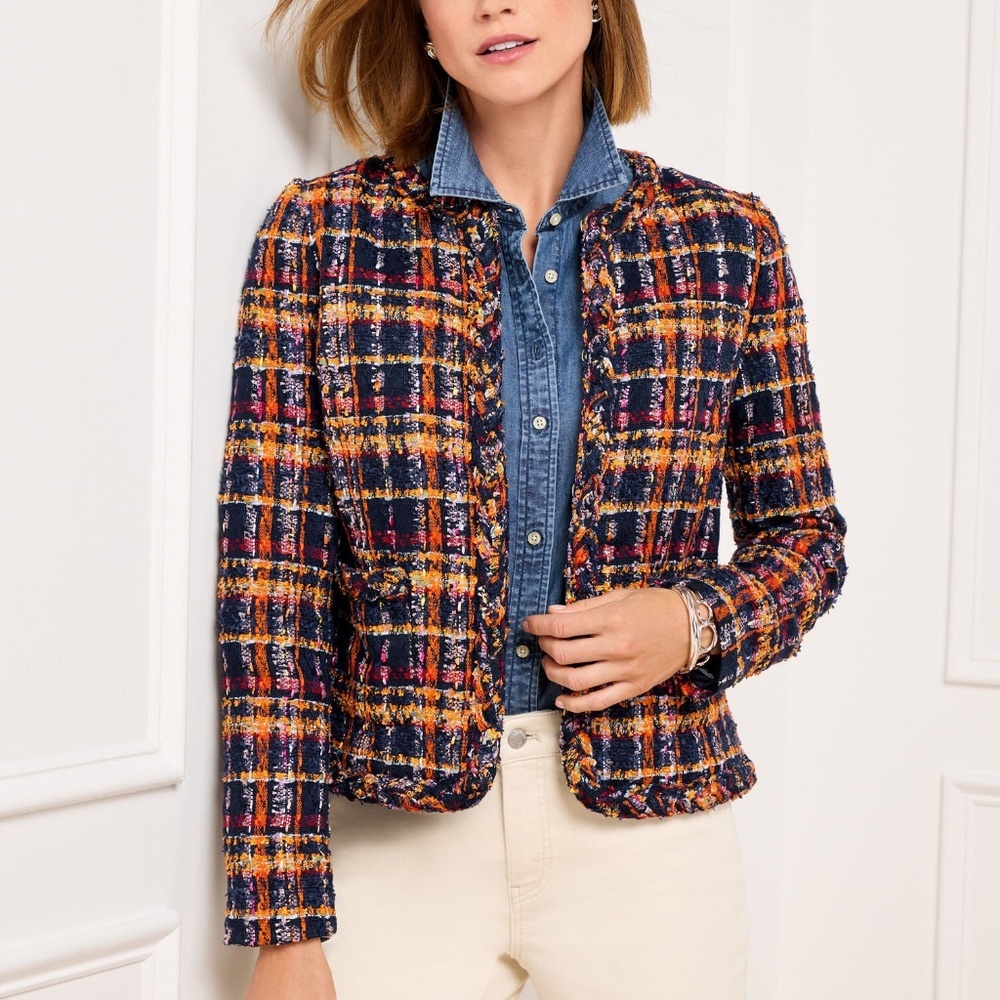Talbots Tweed Jacket Blazer 10 Sunflower Plaid Navy Multi Preppy Old Money $199